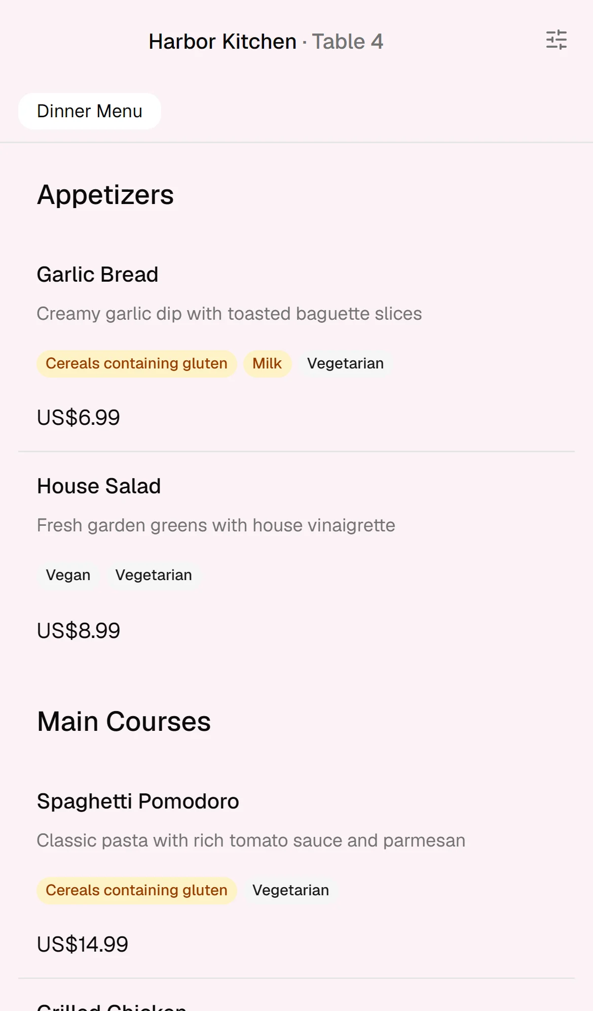 The menu on a phone, with Table 4 next to the restaurant name