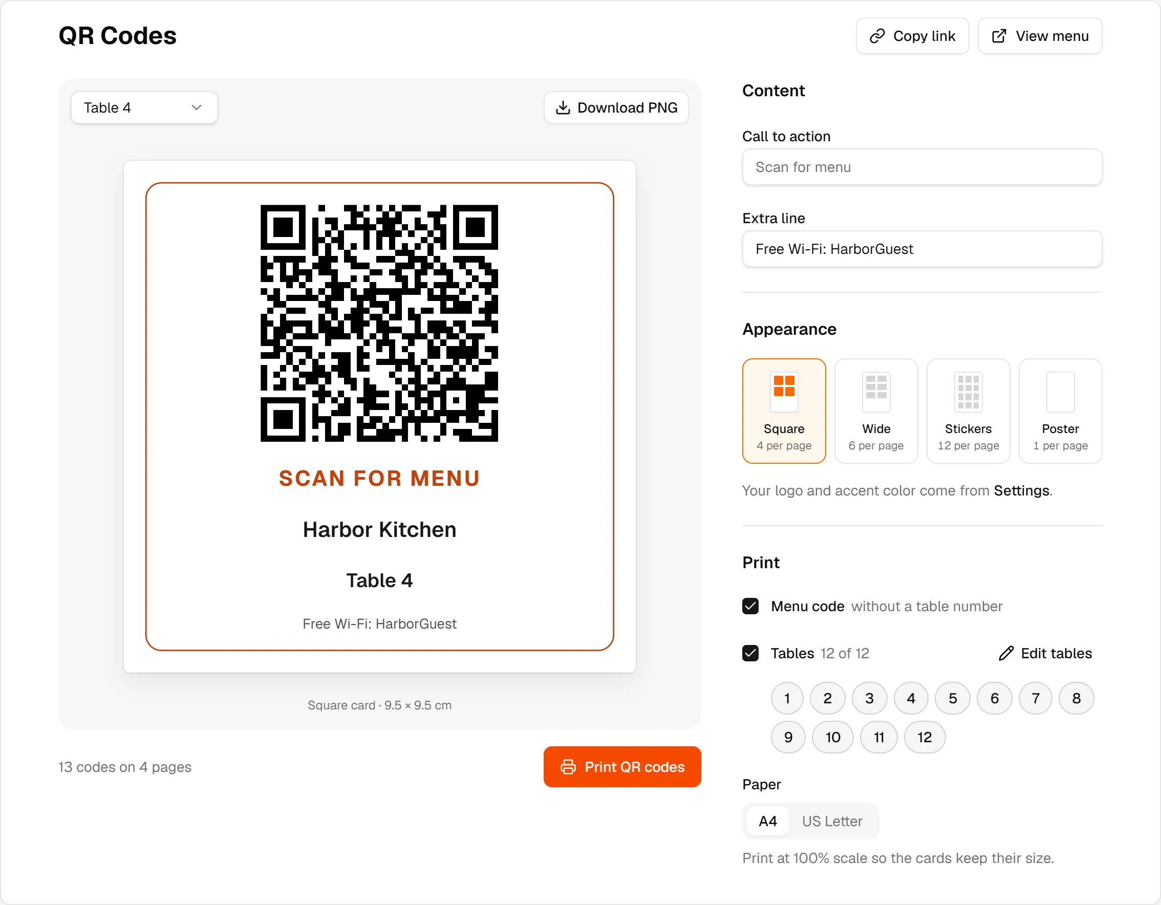 The QR Codes page with a preview of the card for table 4