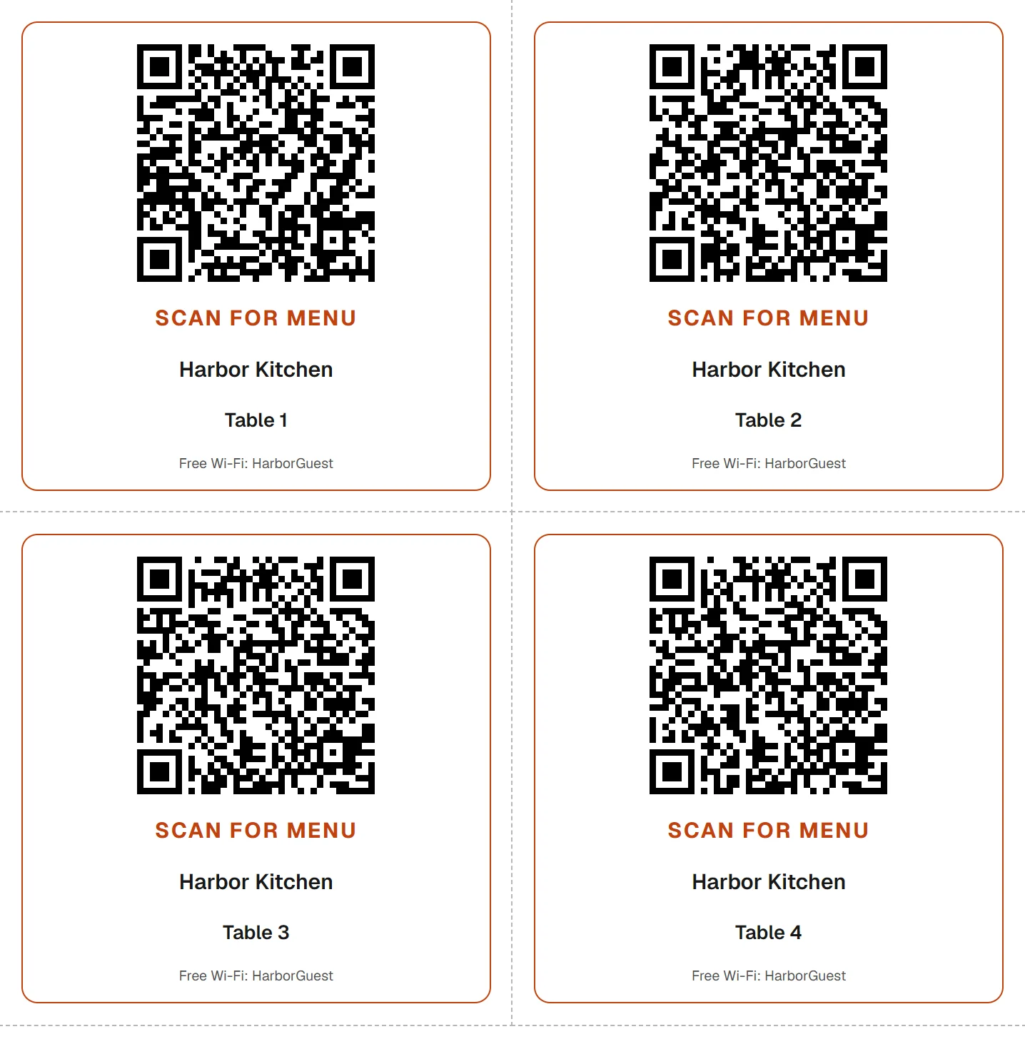 A printed sheet with square QR code cards for tables 1 to 4