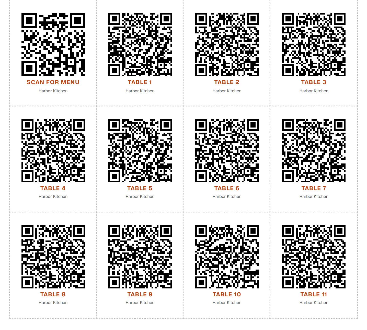 A sticker sheet with the menu code and stickers for tables 1 to 11