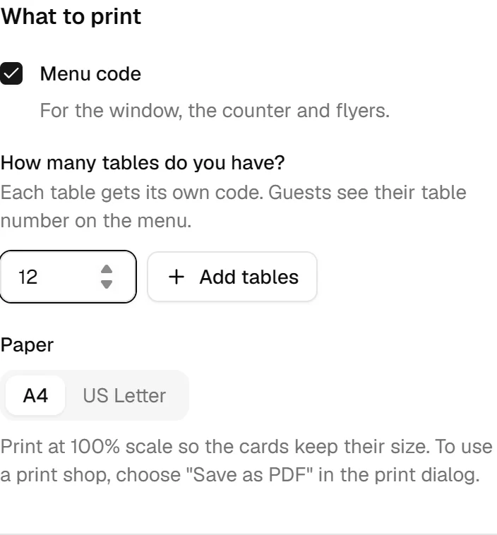 The QR Codes page asks how many tables you have